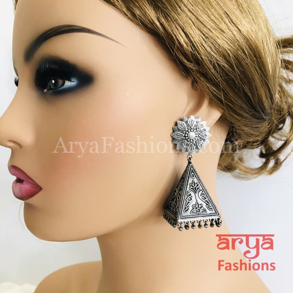 Oxidized Silver Designer Round Shape Stud with Jhumka Earring for Women and  Girls. | K M HandiCrafts India